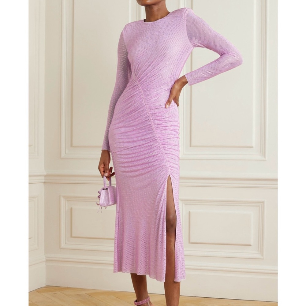 ISO self-portrait pink rhinestone mesh gathered MIDI dress
